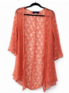 Coral Lace Kimono Cardigan Boho Sheer Cover Up